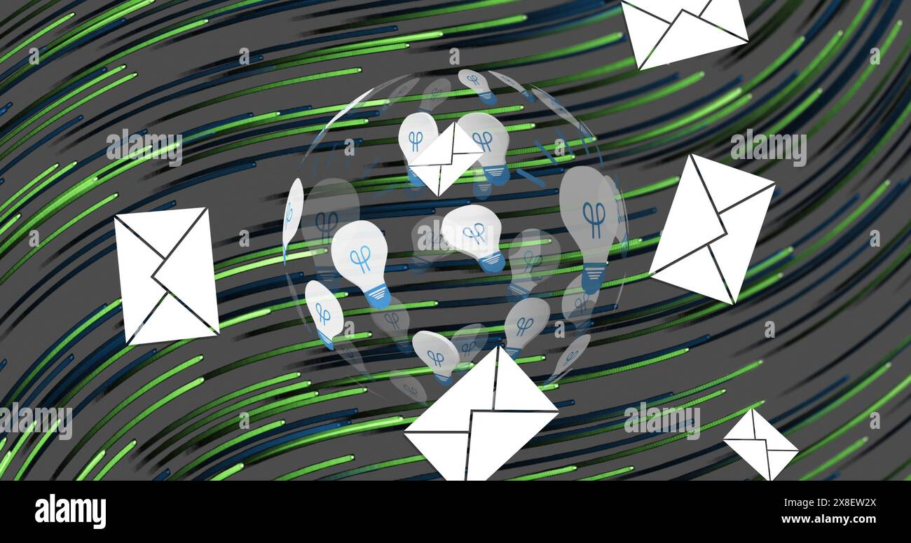 Globe surrounded by envelopes and digital lines, symbolizing global communication Stock Photo