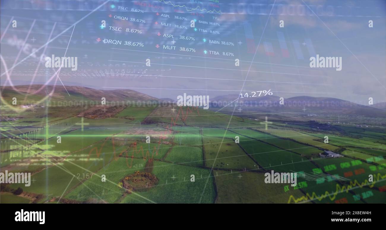 Green hills merging with digital stock market overlays Stock Photo - Alamy