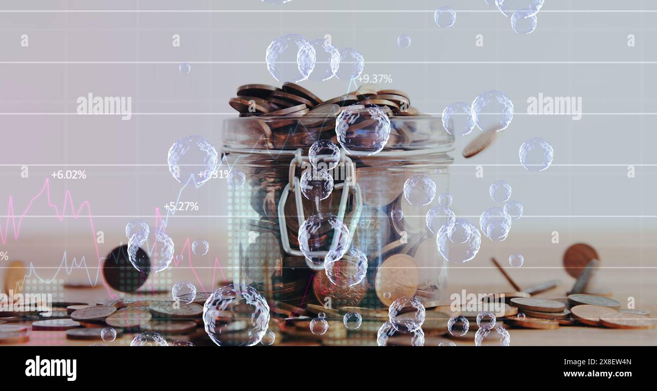 Coins filling glass jar, digital graphs hovering nearby Stock Photo - Alamy