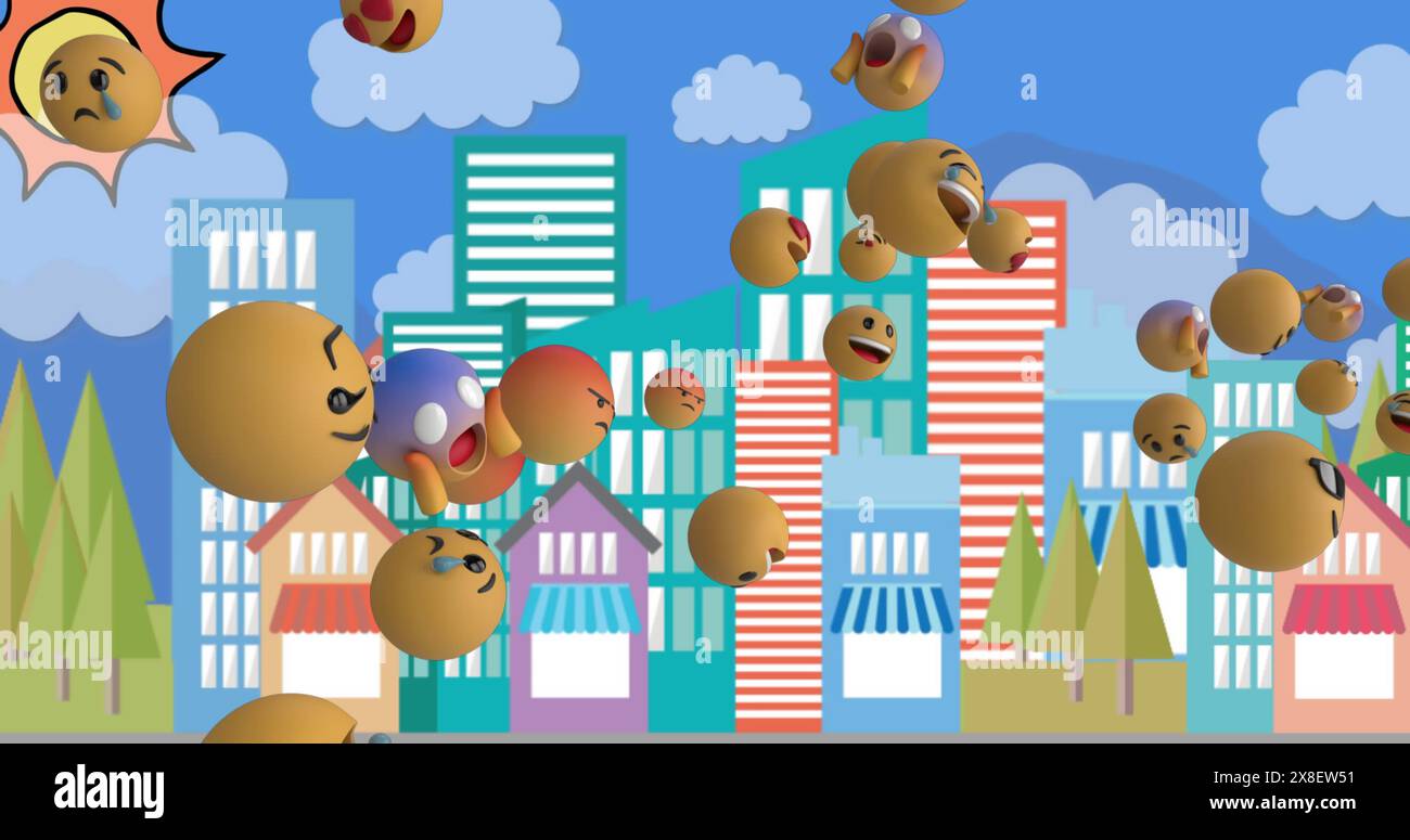 Faces floating above colorful city buildings, showing various expressions Stock Photo