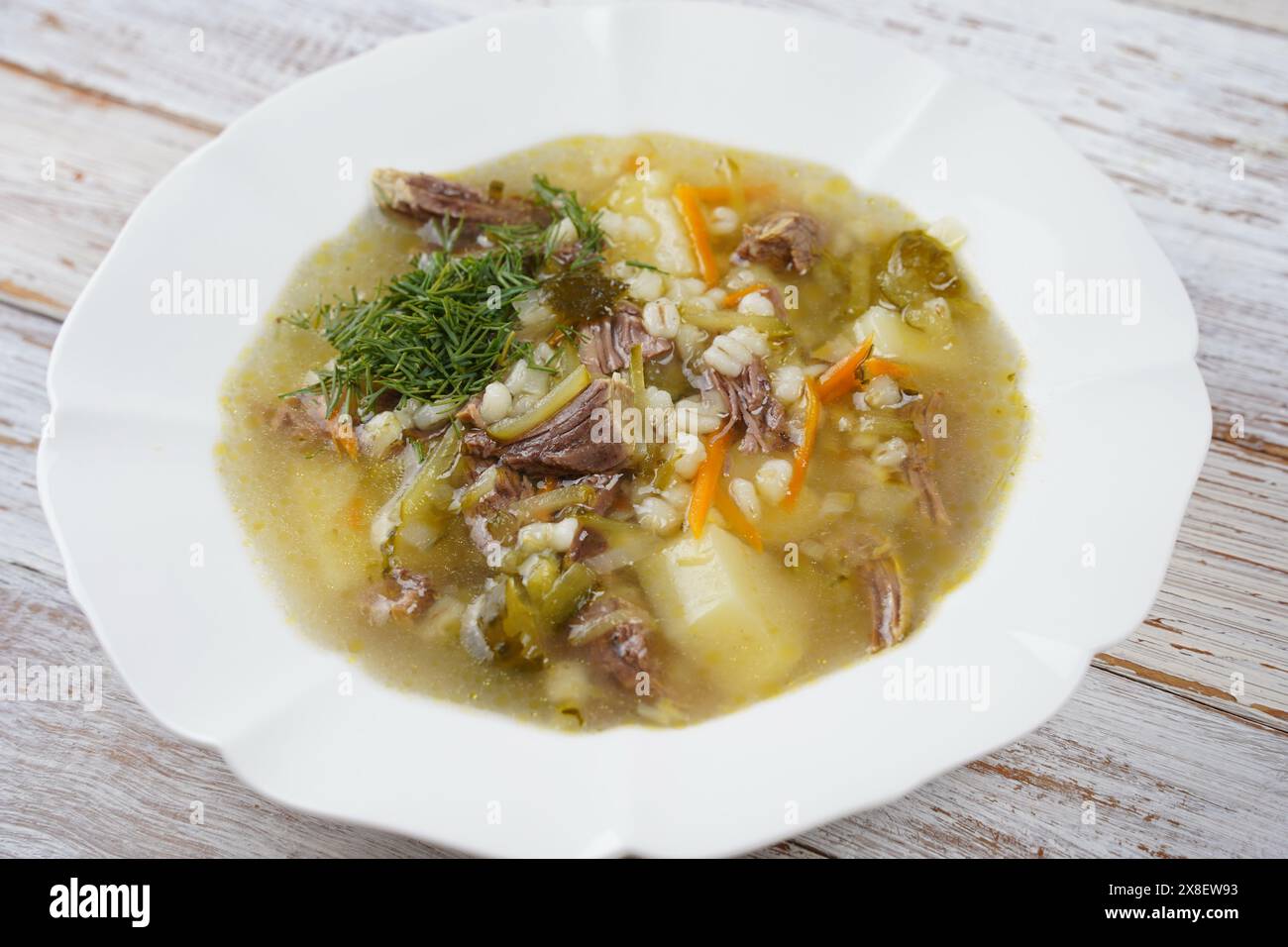 Soup with beef meat, pickled cucumbers and pearl barley.  Rassolnik- traditional Russian cuisine cucumber soup Stock Photo