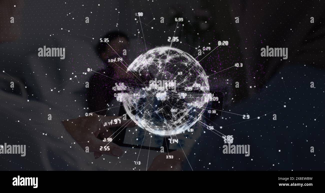 Image of data processing and globe with nft text over diverse doctors Stock Photo