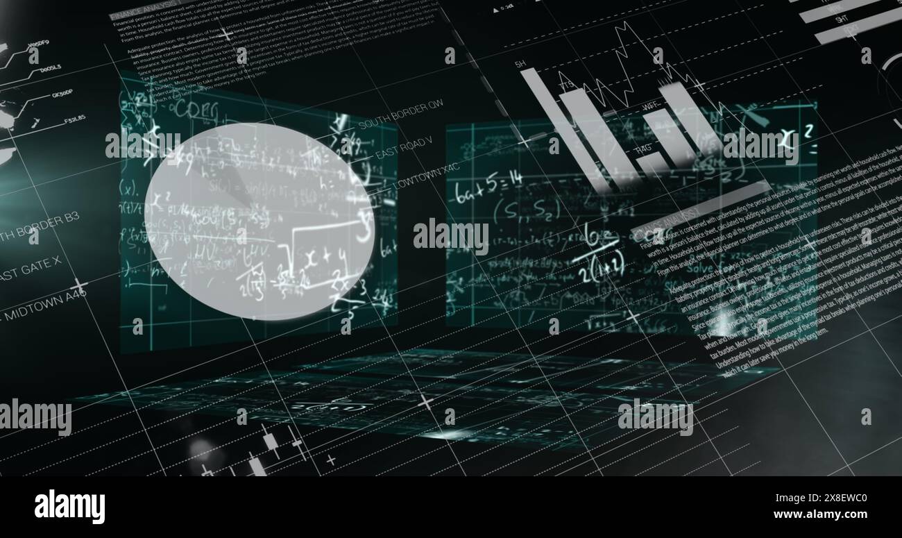 Image of statistical data processing and screens with mathematical ...