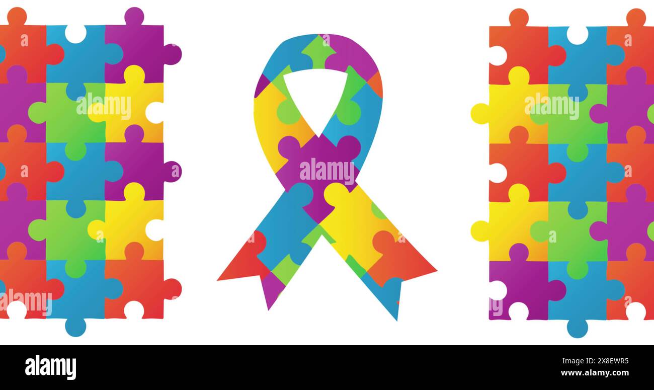 Image of ribbon of puzzle over puzzle Stock Photo