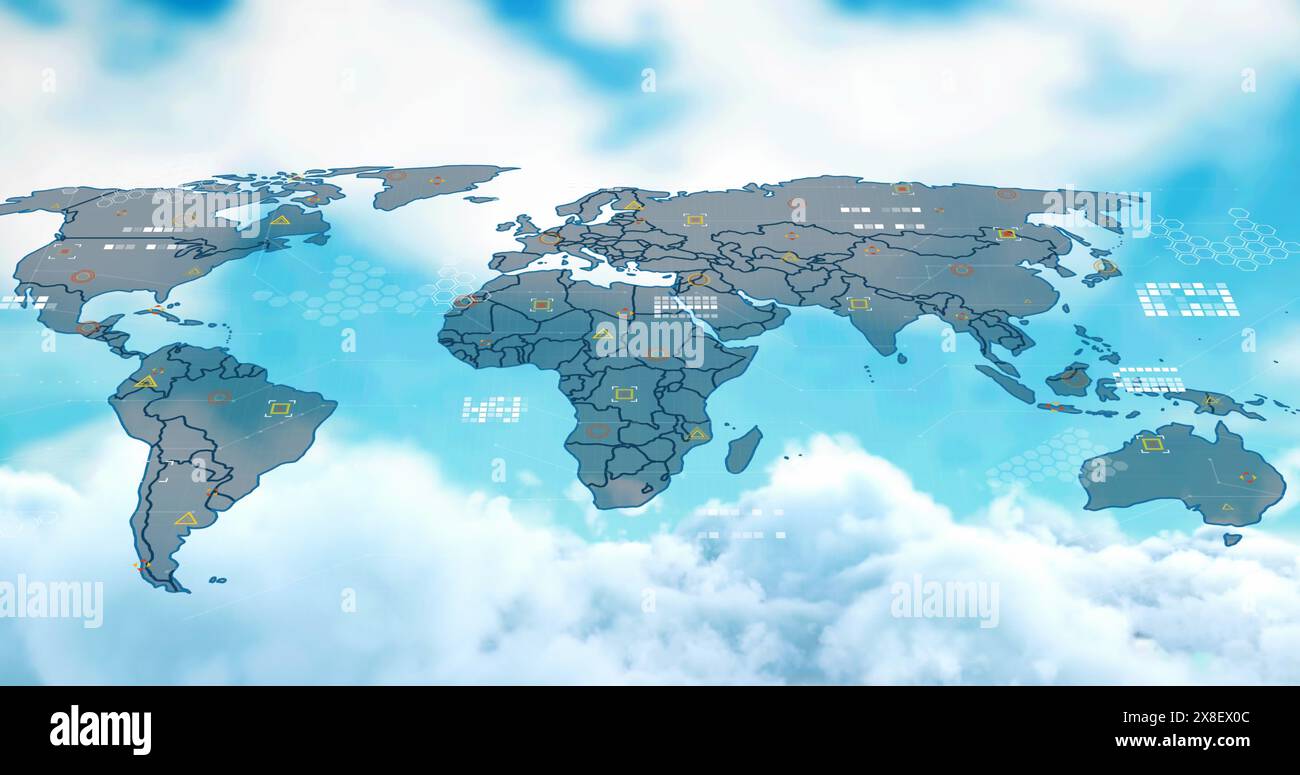 Image of data processing over world map against clouds in the blue sky Stock Photo