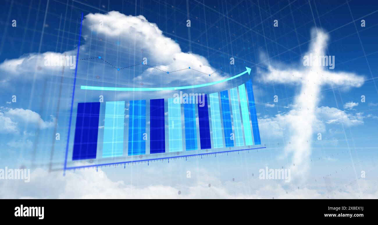 Image of statistical data processing over grid network against clouds in the blue sky Stock Photo