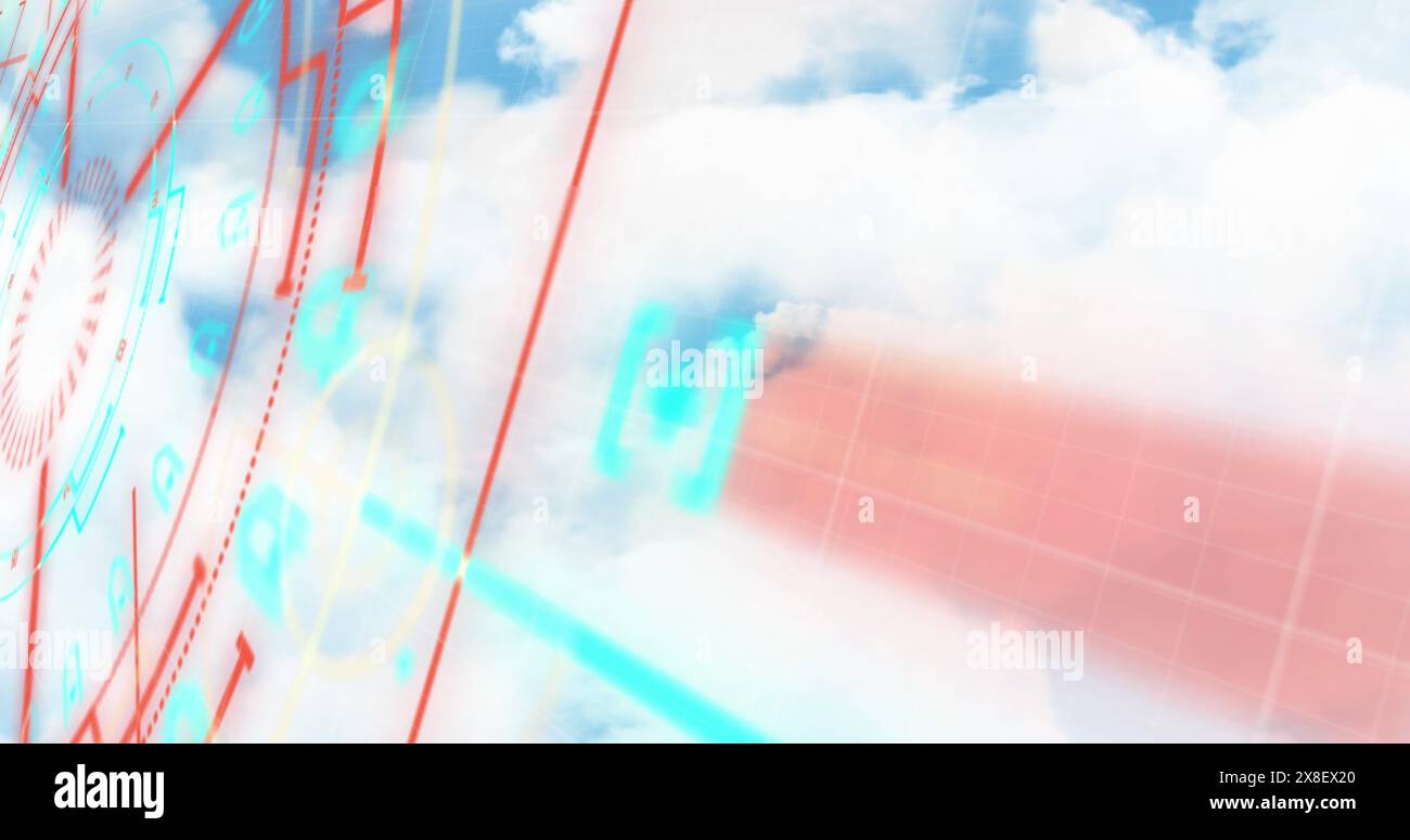 Image of neon round scanner spinning against clouds in the blue sky Stock Photo