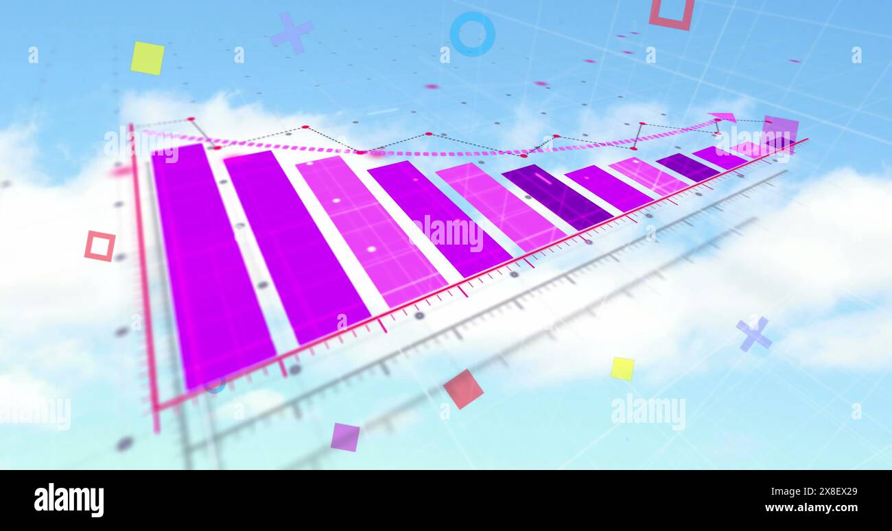 Image of abstract shapes over statistical data processing against clouds in the blue sky Stock Photo