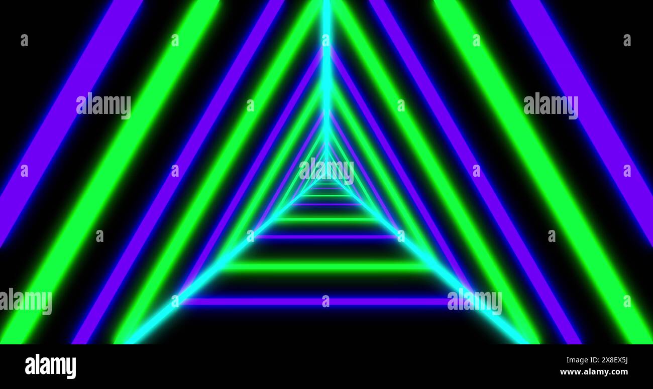 Green and blue neon lights forming triangular tunnel Stock Photo