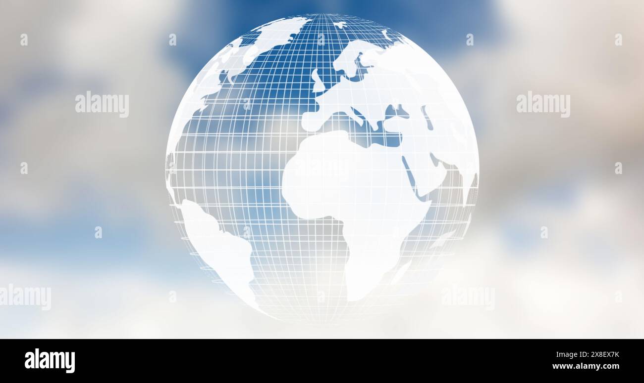 Image of globe spinning over clouds Stock Photo