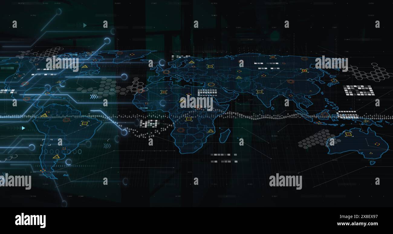 Digital map displaying data points and connections on blue background Stock Photo