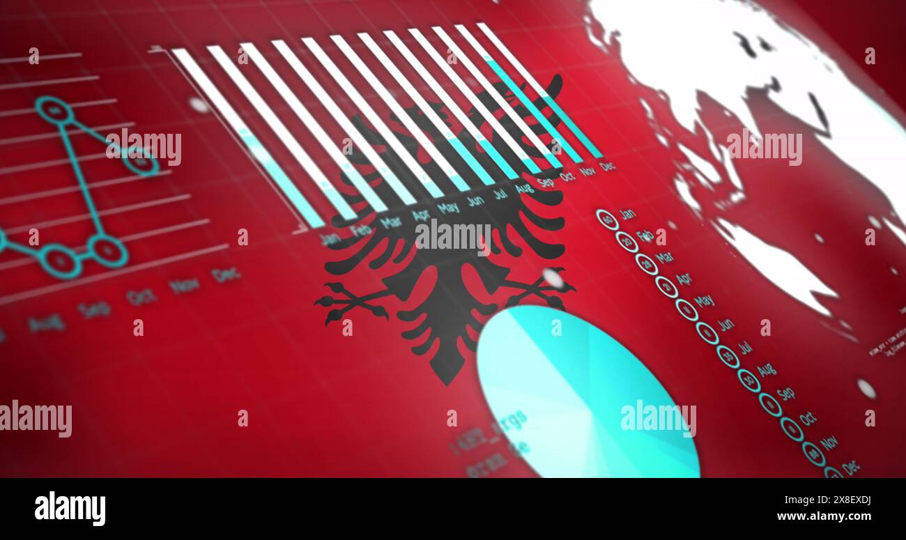 Image of statistical data processing against waving albania flag
