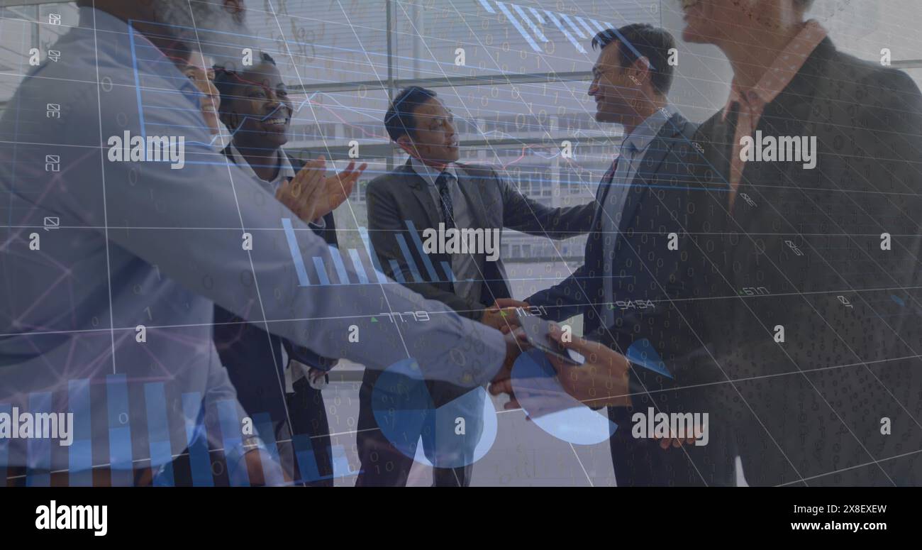 Image of statistical data processing over diverse businesspeople shaking hands at office Stock Photo