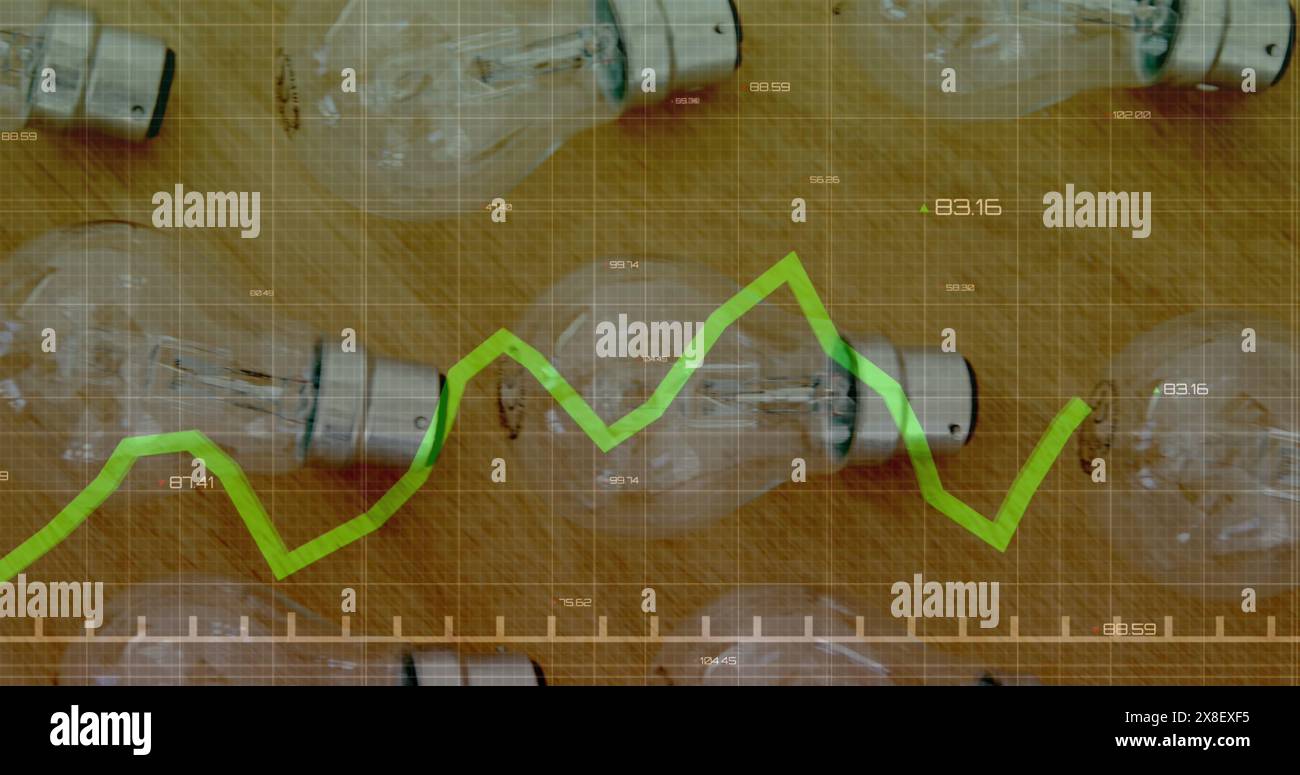 Image of statistical data processing against close up view of electric bulbs on wooden table Stock Photo