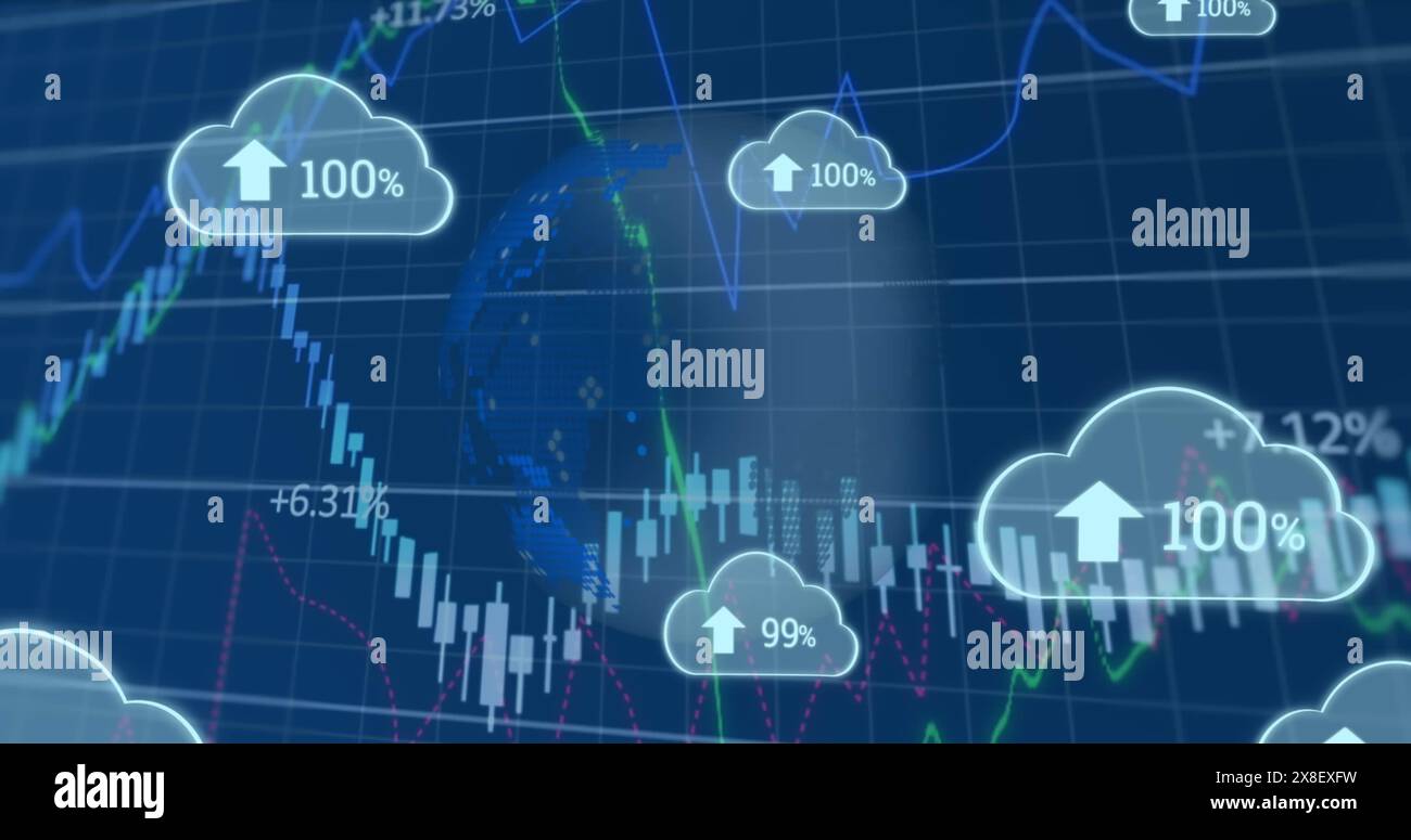 Image of clouds with percent and data processing over globe Stock Photo