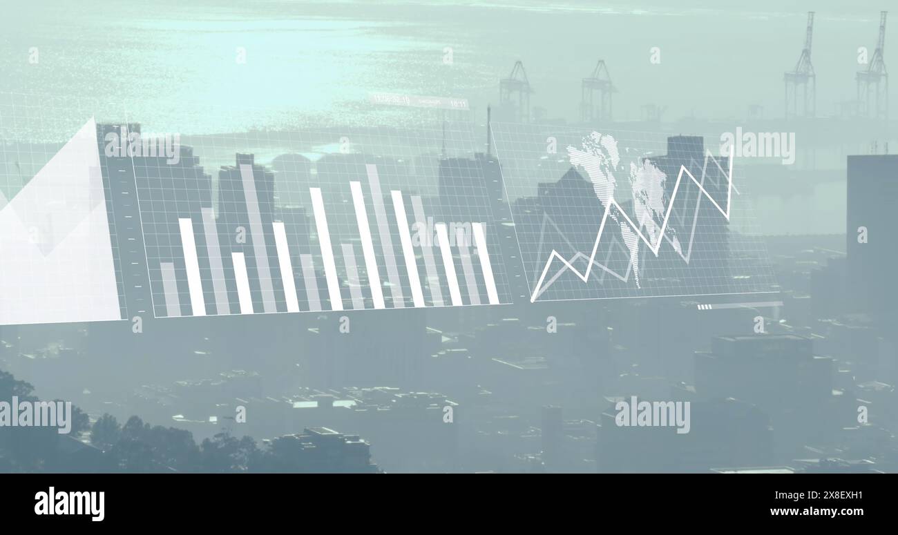 Image of graphs, loading bars and map over modern cityscape against cloudy sky Stock Photo