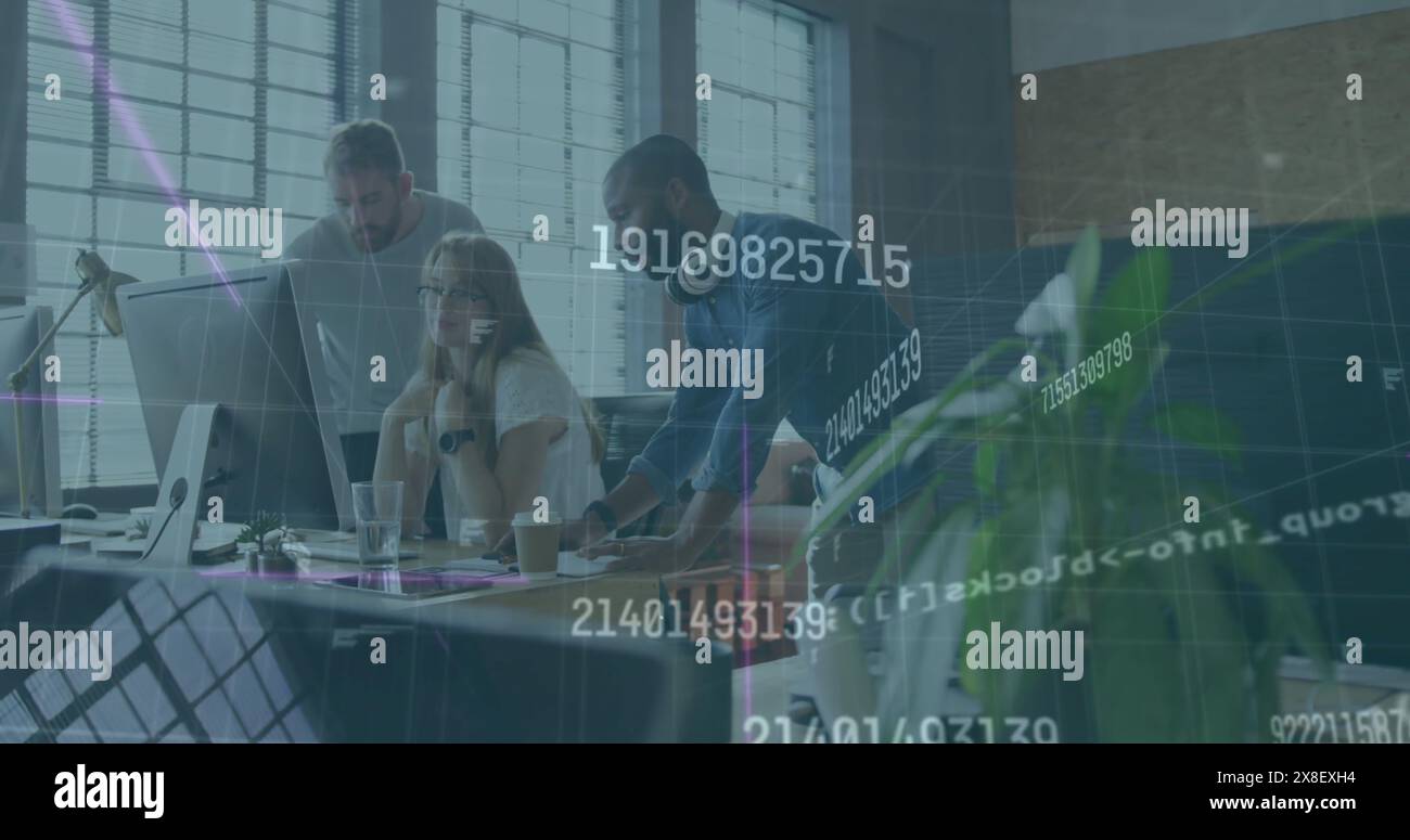 Image of programming language over diverse colleagues discussing over computer in office Stock Photo
