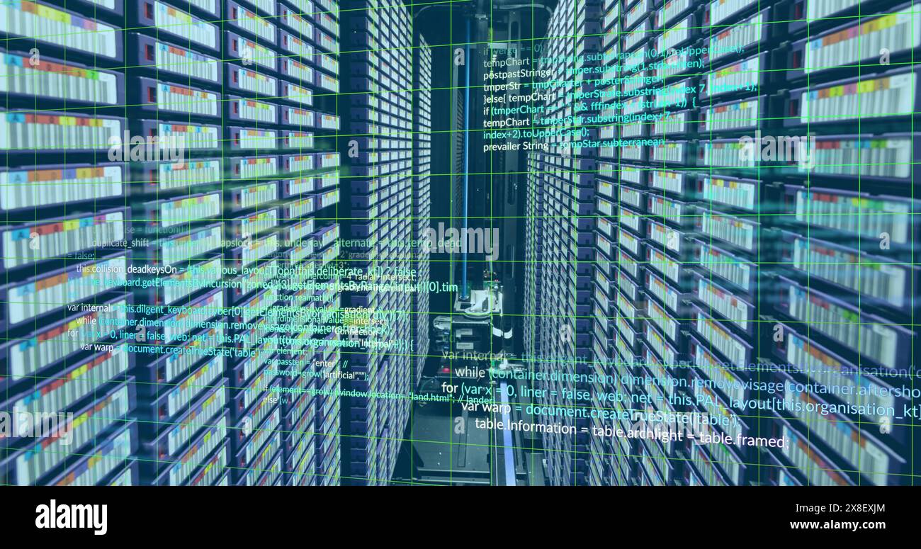 Image of computer language and grid over data server racks Stock Photo