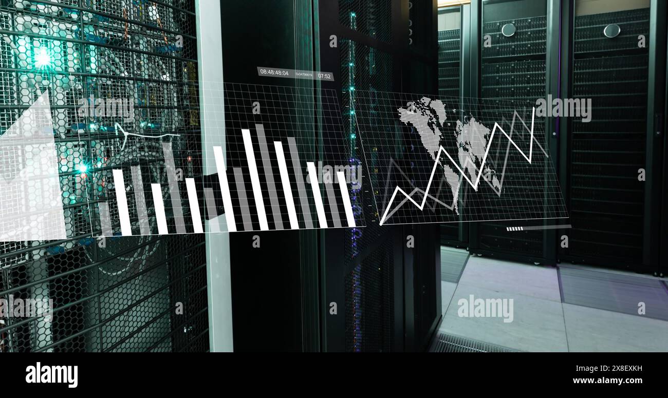 Image of interface with data processing against computer server room Stock Photo