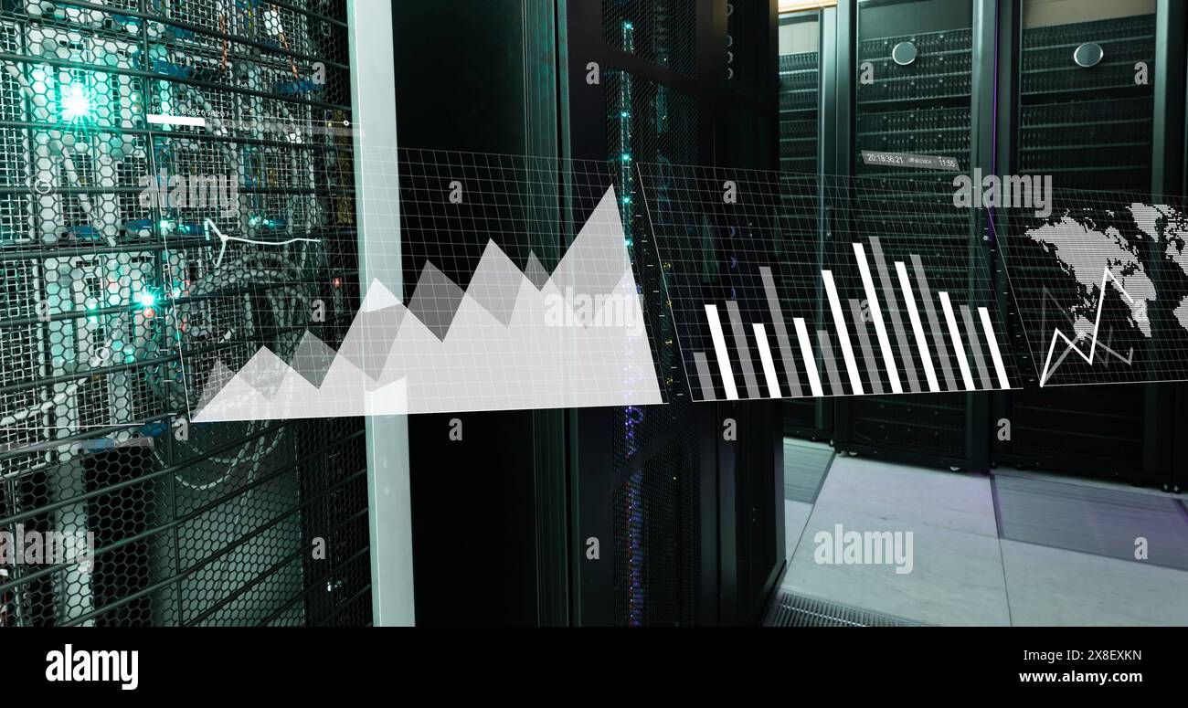 Image of interface with data processing against computer server room Stock Photo
