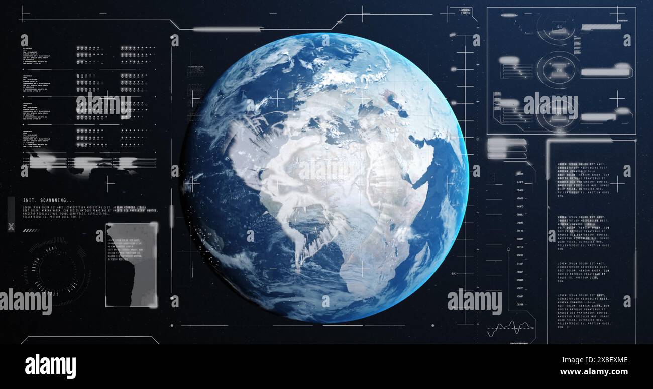 Image of graphs, loading bars and circles over rotating globe against abstract background Stock Photo