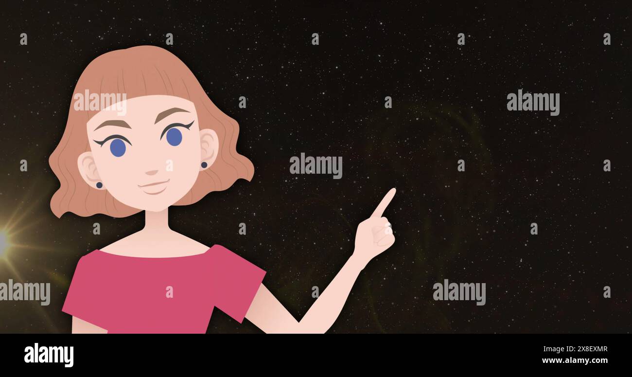 Image of illustrative girl talking and pointing finger against black background Stock Photo