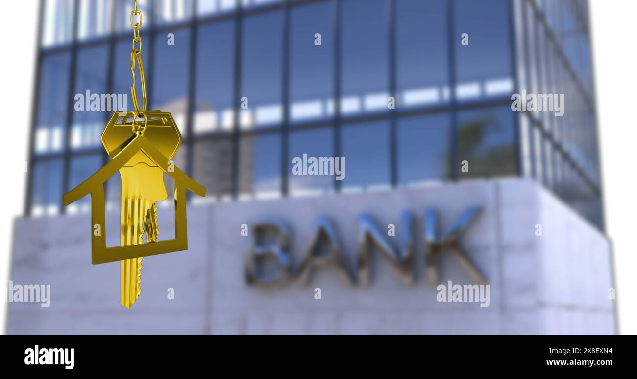 Image of key in house keychain over bank text on modern building Stock Photo