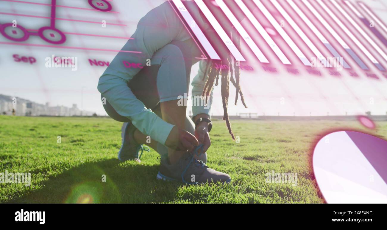 Image of data processing over african american man tying shoe lace by ...