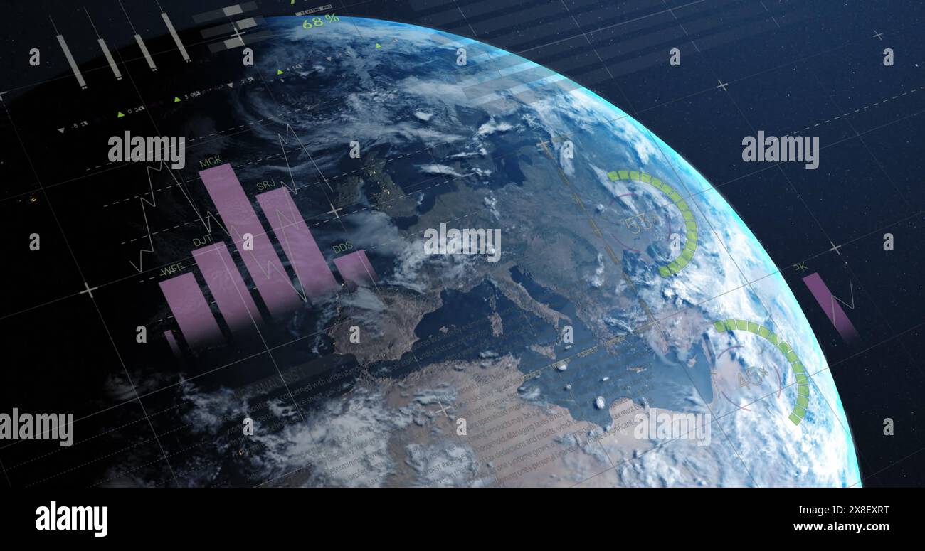 Image of multicolored infographic interface over rotating globe against space Stock Photo