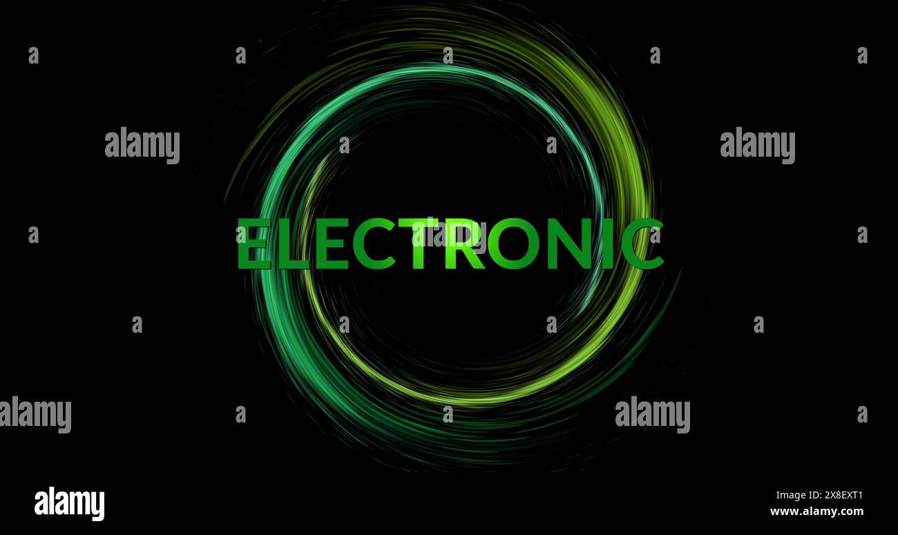 Image of green electronic text and circle light trail on black background Stock Photo