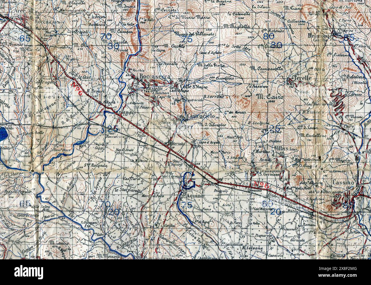 Exerpt of Map Sheet 160 (1:100000) Cassino, Italy from GSGS 4146 Series (Geographical Section General Staff) reproduced by 514 Survey Company, Royal Engineers, April 1944. This section illustrates the operational area for 6th Armoured Division during April and May 1944. Stock Photo