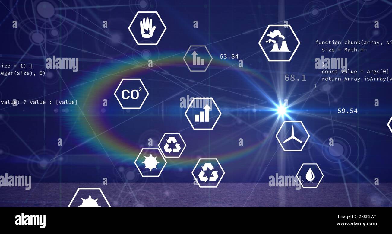 Image of renewable energy icons with connected dots and coding over lens flare Stock Photo