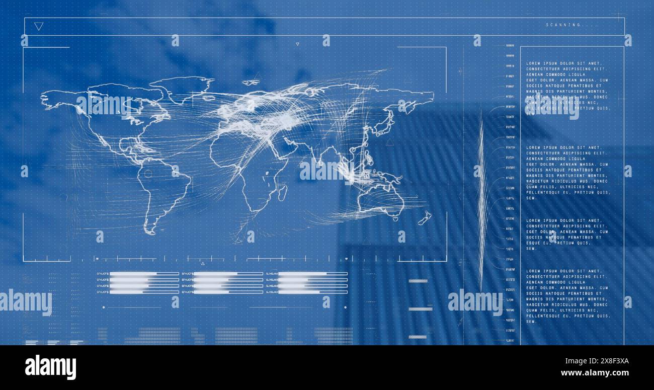 Image of interface with data processing and world map against low angle ...