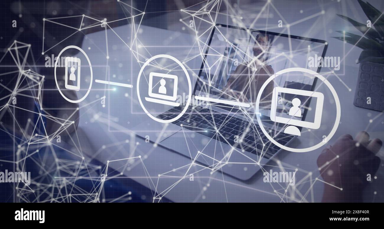 Image of connected icons over connected dots against diverse coworkers ...