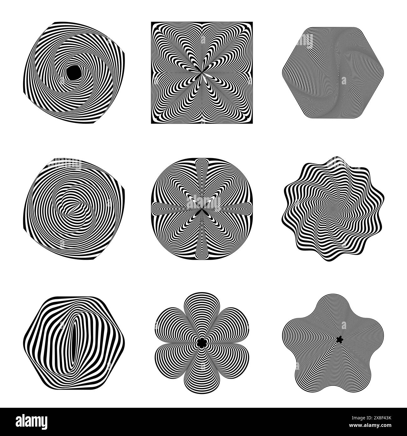 Set of 9 hypnotic designs showcases a harmonious blend of precision and fluidity, creating striking visual illusions. Stock Vector