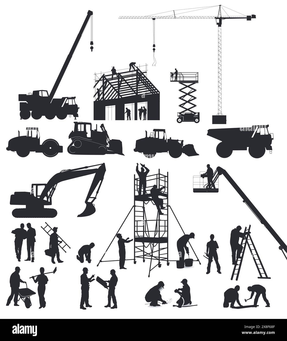 Construction workers on the construction site with construction machinery, illustration Stock Vector