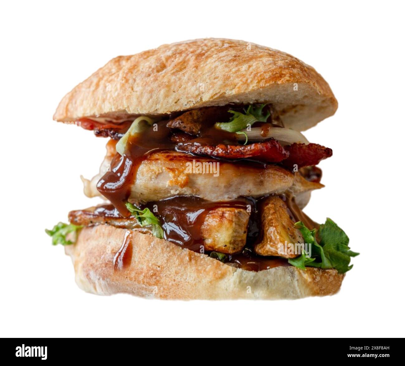 Chicken burger, delicious double burger with crispy chicken meat, salad and sauce isolated on white background .white burger with a big chicken Stock Photo