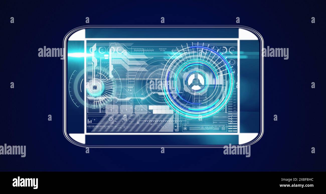 Image of interface with neon round scanner and data processing against blue background Stock Photo