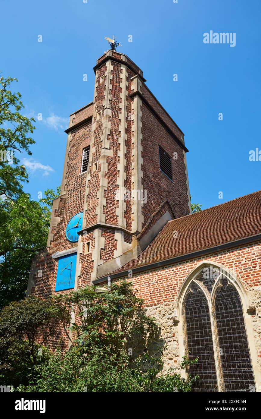 The restored late 15th century tower of St Mary, Barnes, London UK Stock Photo