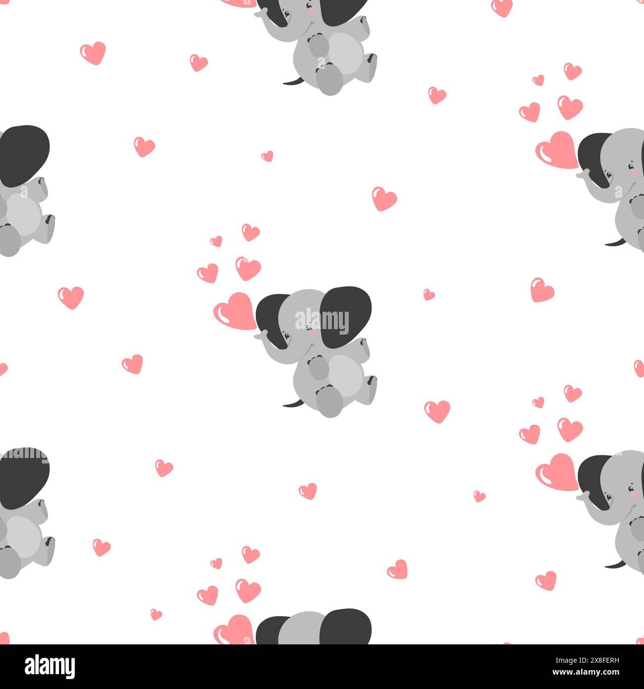 Cute baby elephants with hearts seamless pattern. Vector background Stock Vector