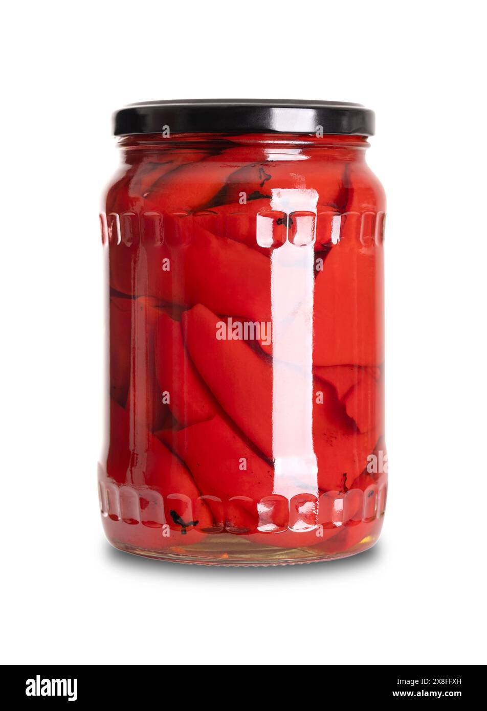 Grilled red bell pepper halves, pickled in a glass jar with screw cap