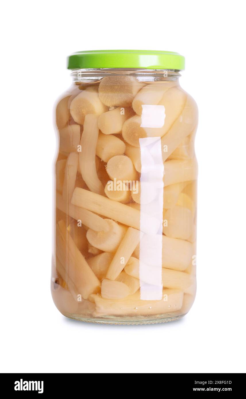 Salsify, pickled in a glass jar with screw cap. Peeled Spanish or black salsify, a root vegetable, pasteurized and preserved in a vinegar brine. Stock Photo