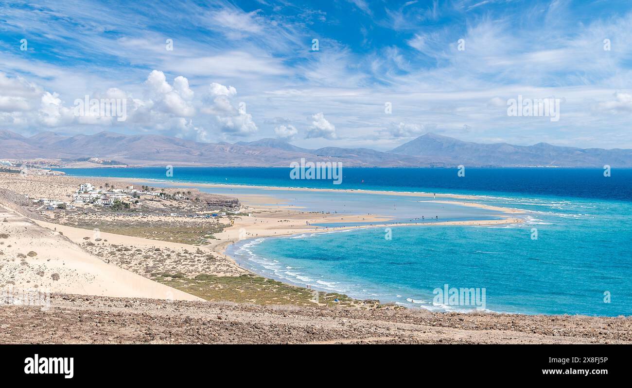 Playa de Sotavento, Fuerteventura: a breathtaking aerial view of crystal-clear lagoons and sweeping sand dunes on this iconic Canary beach. Stock Photo