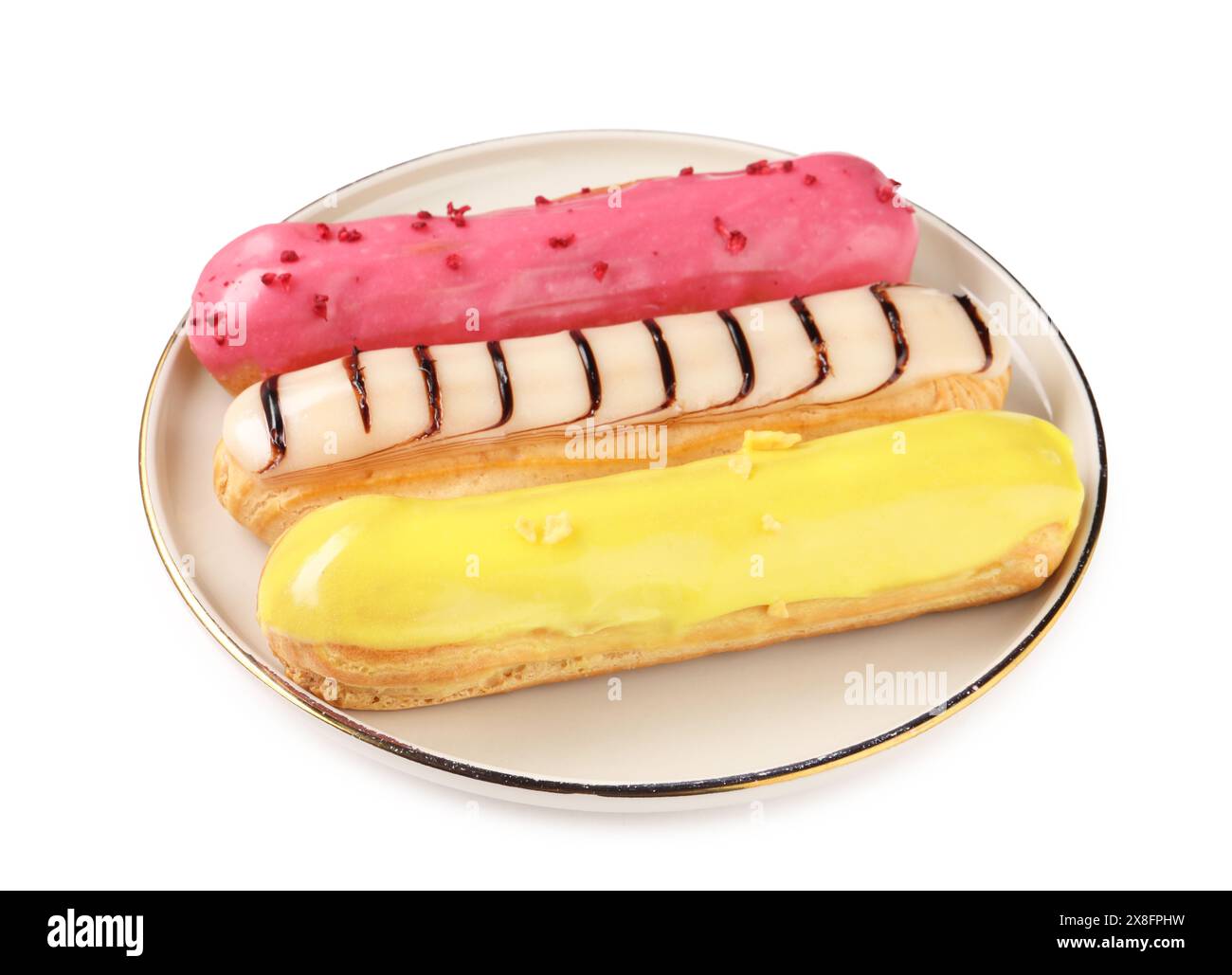 Delicious eclairs covered with glaze isolated on white Stock Photo
