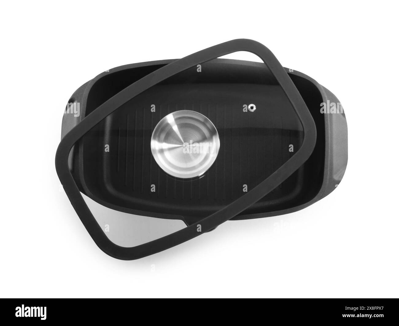 One black pot with glass lid isolated on white, top view Stock Photo