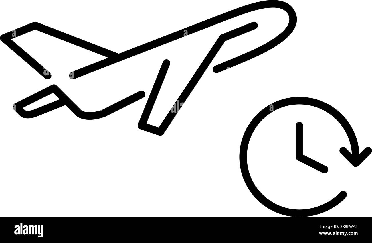 Airplane taking off and clock. Flight schedule, departure time table. Speedy aviation travels. Pixel perfect, editable stroke vector icon Stock Vector