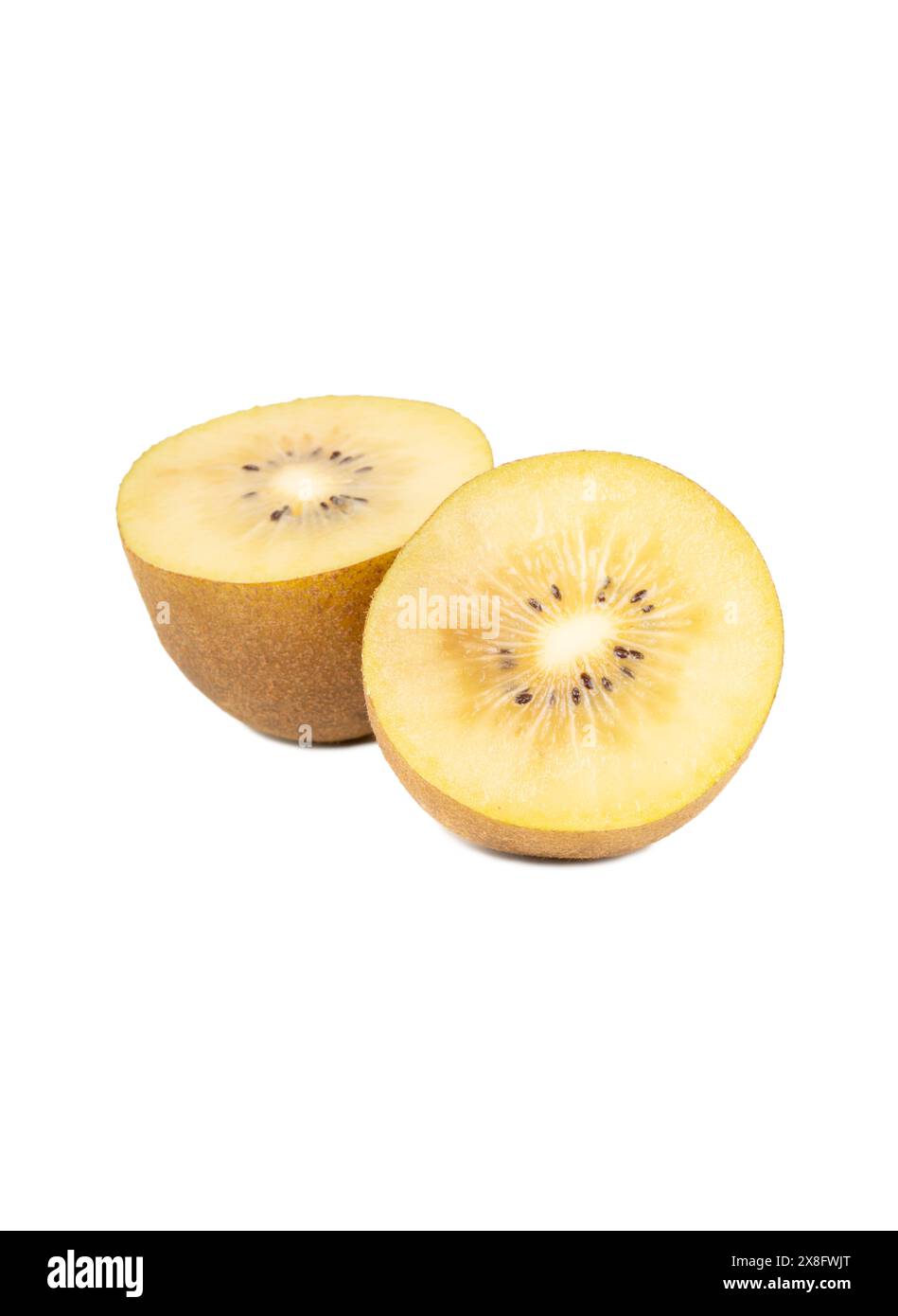 Two juicy halves of gold kiwi fruit isolated on white background Stock Photo