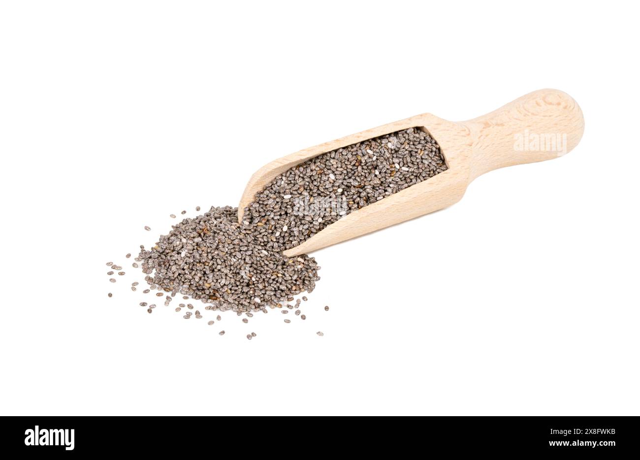 Chia seeds in wooden scoop isolated on white background Stock Photo