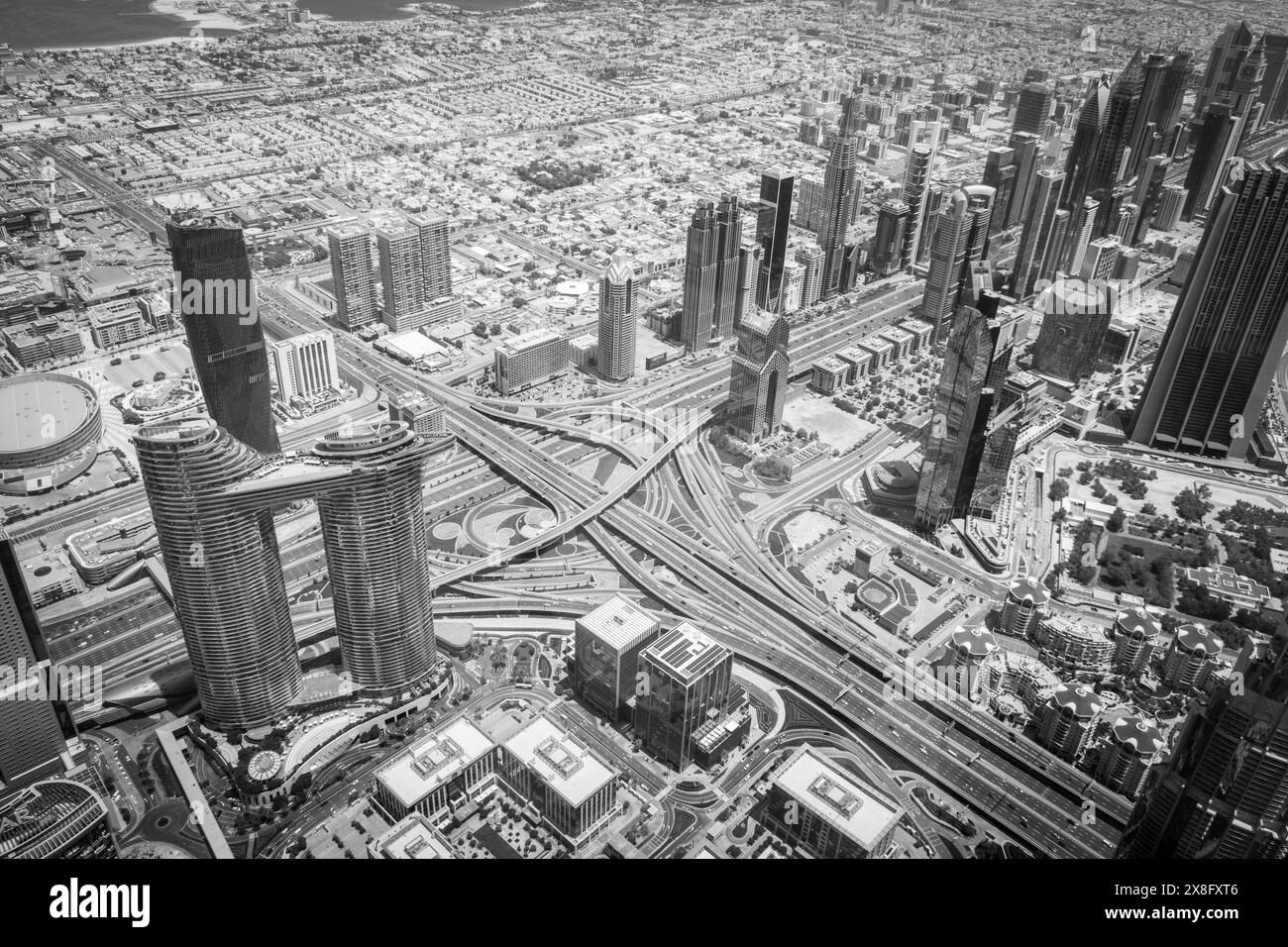 Dubai from above, taken from the 154th floor of the Burj Khalifa Stock Photo