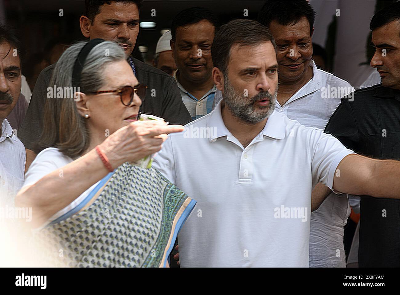 New Delhi, India. 25th May, 2024. Congress party leaders Rahul and Sonia Gandhi coming out of a polling booth after casting their votes in the ongoing Parliamentary Election in New Delhi. (Credit Image: © Sondeep Shankar/Pacific Press via ZUMA Press Wire) EDITORIAL USAGE ONLY! Not for Commercial USAGE! Stock Photo